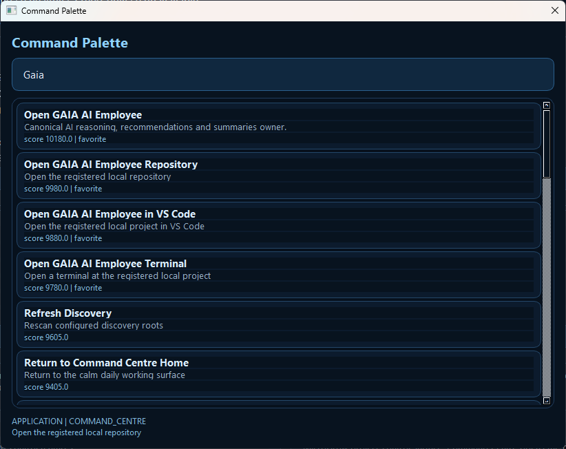 Command Centre command palette showing search and open navigation actions.