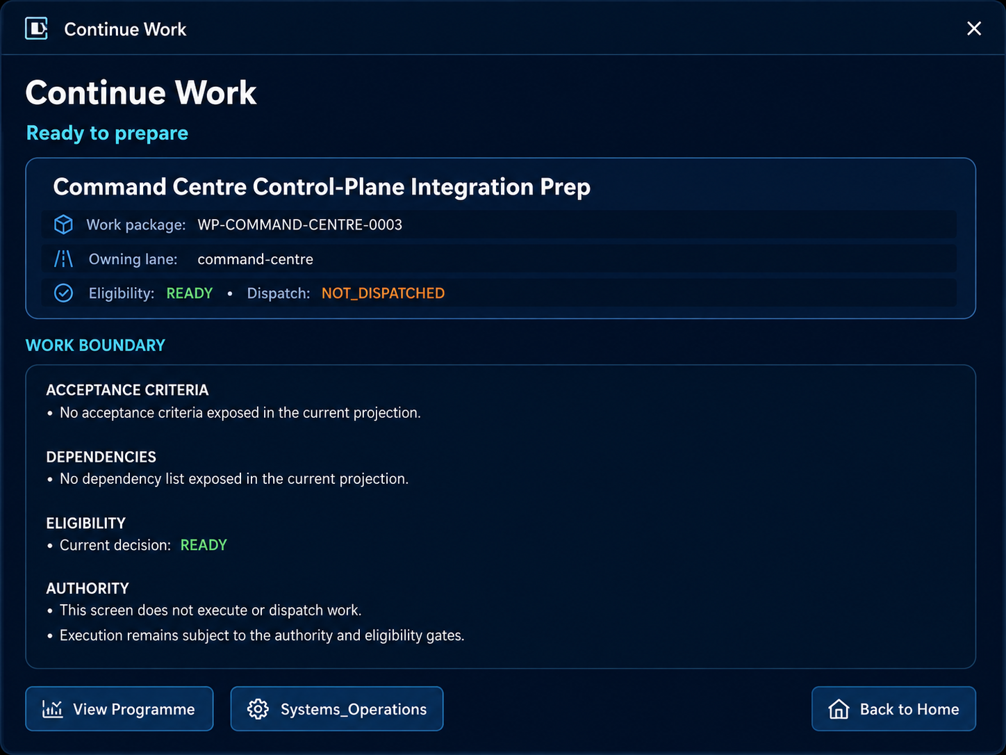 Command Centre Continue Work view showing READY eligibility and NOT_DISPATCHED dispatch state.