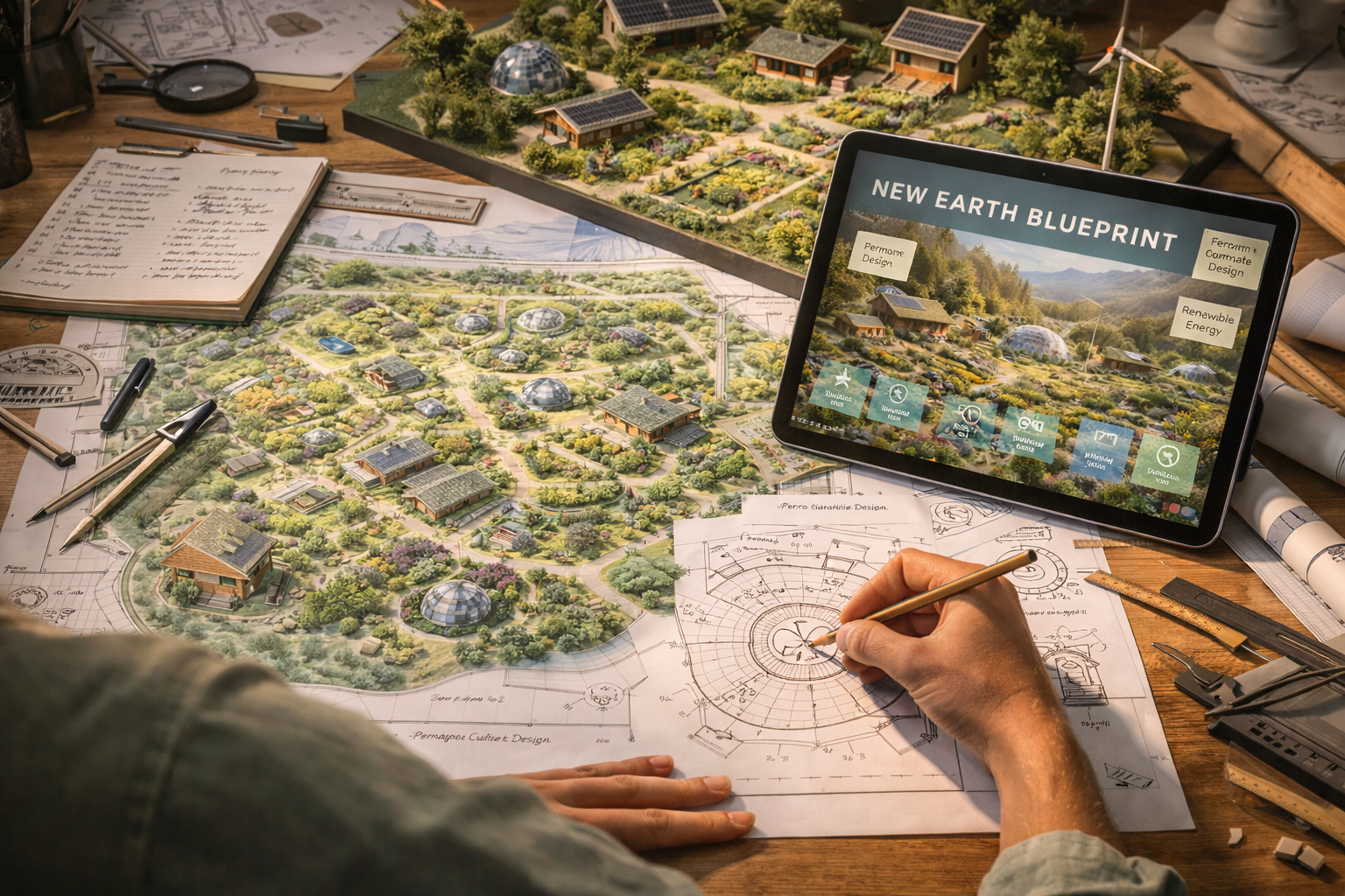 A conceptual model of a connected regenerative settlement being developed from plans and ideas