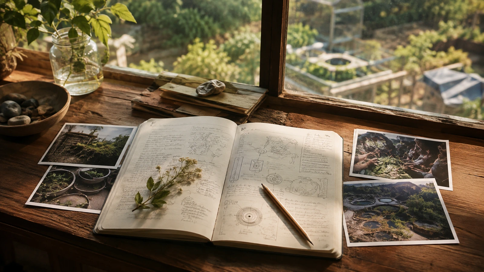 An open field notebook with sketches, notes, plant samples and photographs on a wooden table