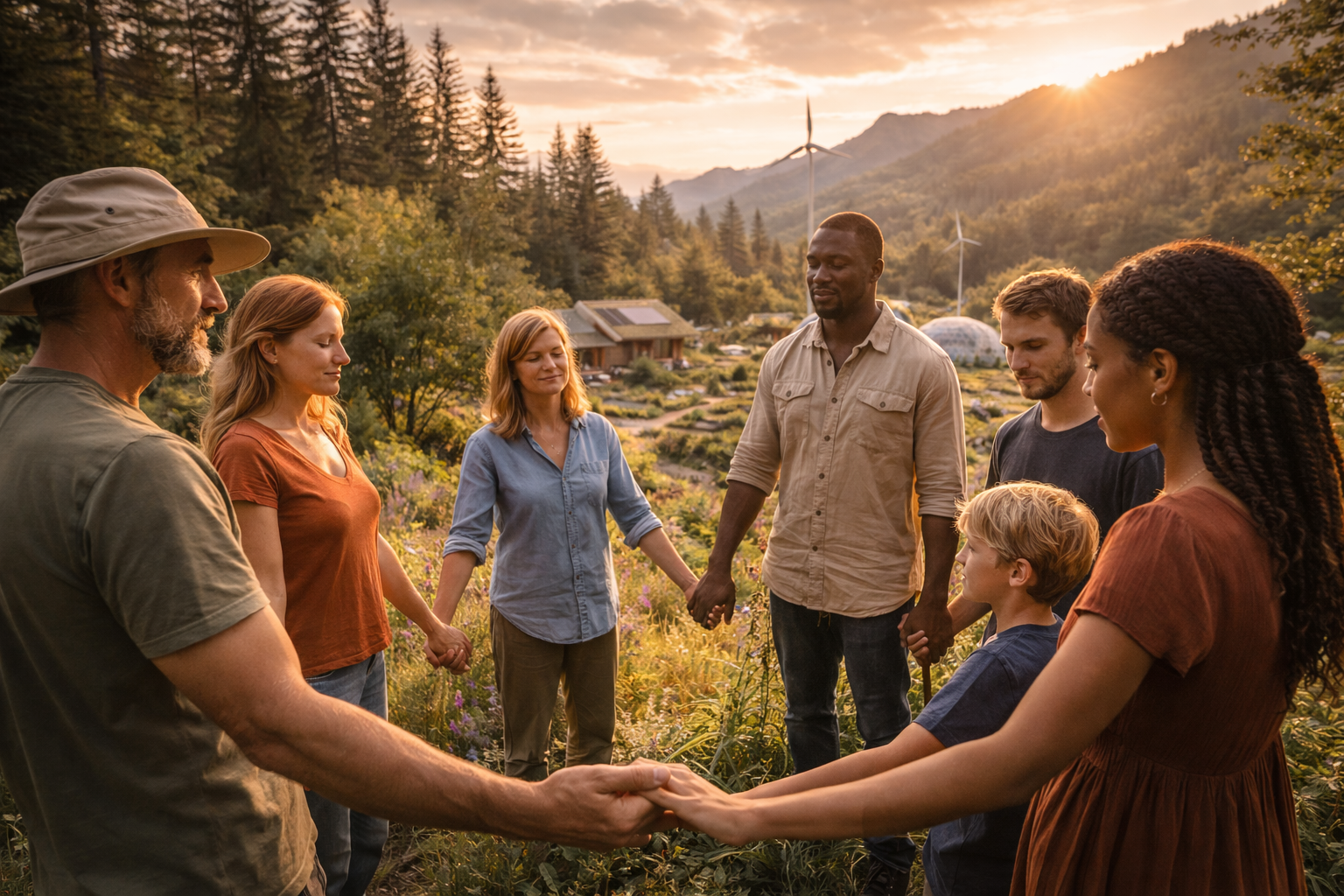 People standing together in an earth-centred landscape