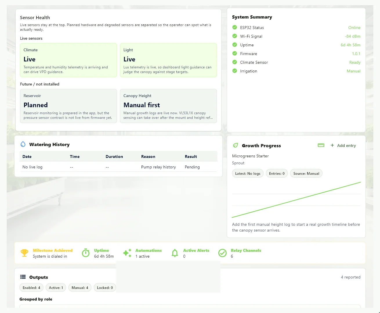 Current MicroGrow diagnostic interface showing development and system status.